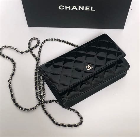 chanel black patent leather wallet on chain